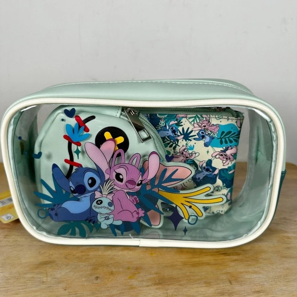 Disney 3 Piece Cosmetic Toiletry Travel‎ Bag Set Stitch Angel Scrump Pouch NWT